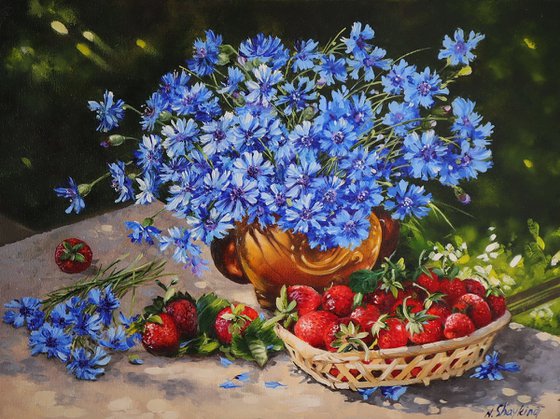 Blue Cornflowers with Strawberries