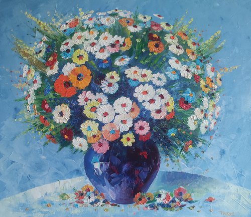 Field flowers in a vase (60x70cm, oil painting,  ready to hang) by Hayk Miqayelyan