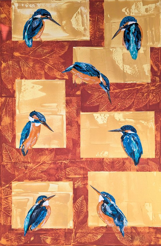 Seven kingfishers in acrylic