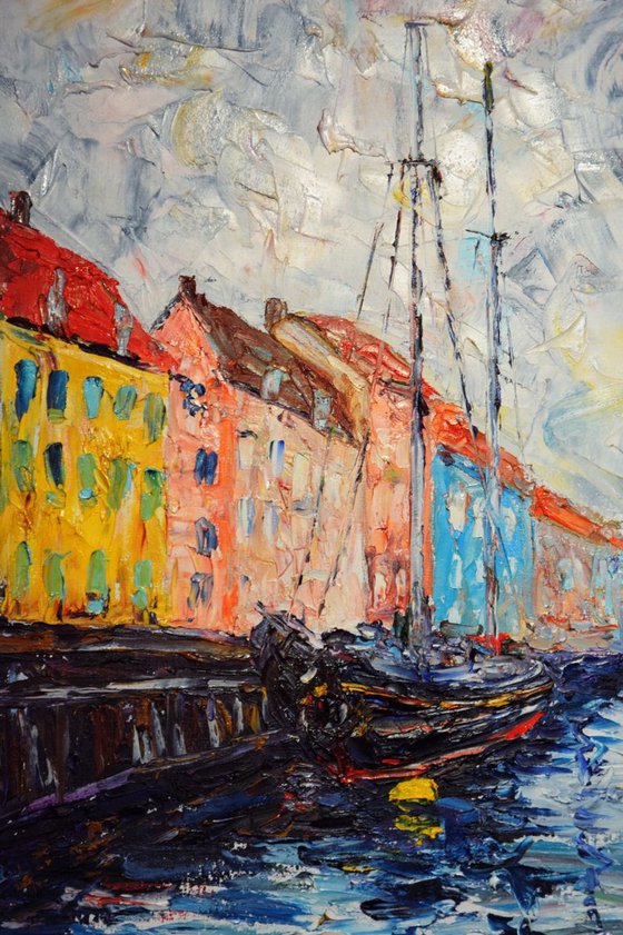 Original oil painting Harbour Nyhavn in Copenhagen