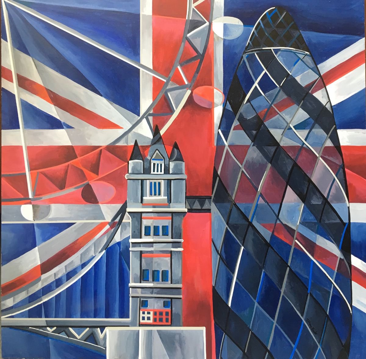 Geometric Cityscapes Acrylic Painting By Tiffany Budd, 27 X 27", London Abstracted 1, Original Artwork