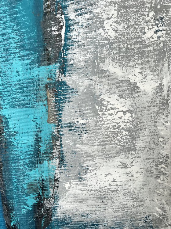 Turquoise vertical abstraction. White blue wall art.