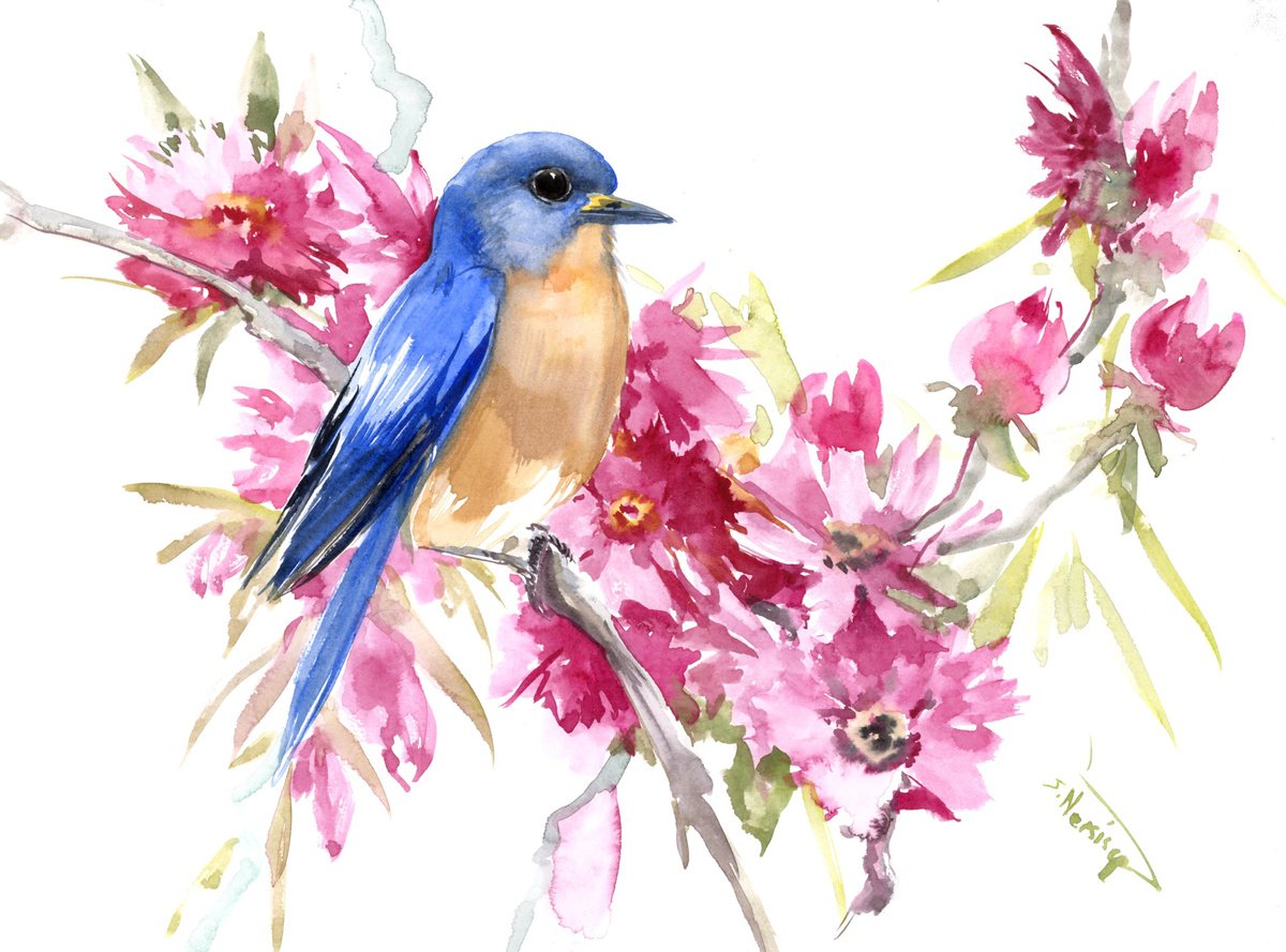Bluebird and Spring Flowers by Suren Nersisyan