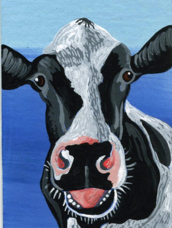 ACEO ATC Original Miniature Painting Black White Cow Farmyard Art-Carla Smale