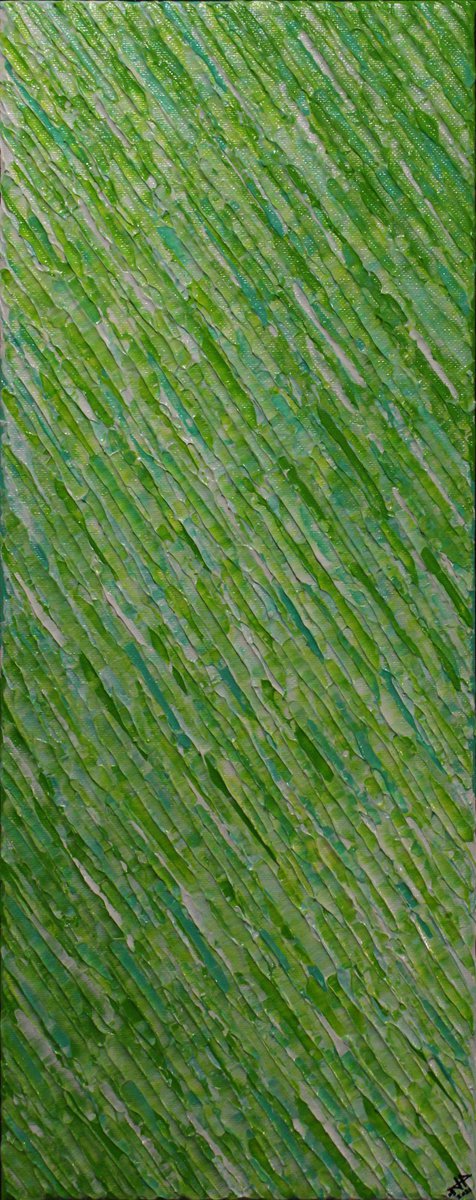 Abstract Acrylic Painting By Jonathan Pradillon, 8 X 20, W. Green Apple Knife Texture, Original Artwork