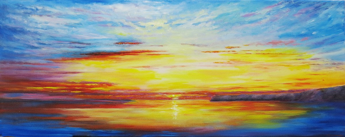 Impressionistic Landscape Oil Painting By Maureen Greenwood, 39 X 16", Spanish Sunset, Original Artwork