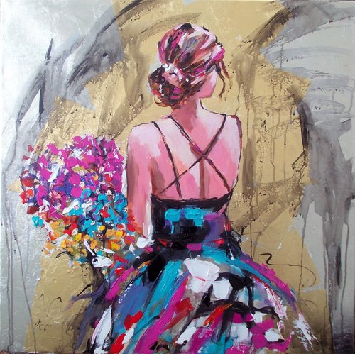 Hold This Moment -woman  acrylic mixed media  painting on canvas-Ballerina painting by Antigoni Tziora