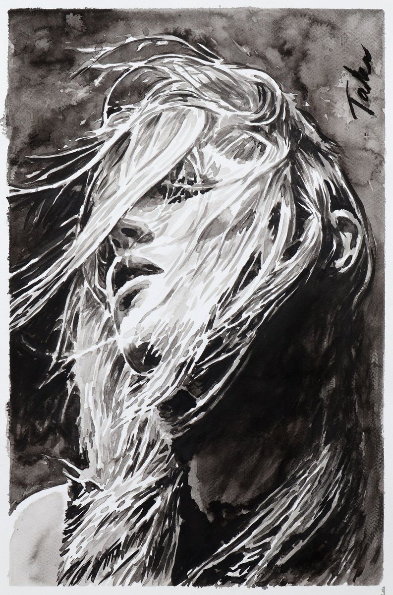 Urban And Pop Portrait Ink Drawing By Tashe, 12 X 18", Whispers Of The Wind, Original Artwork