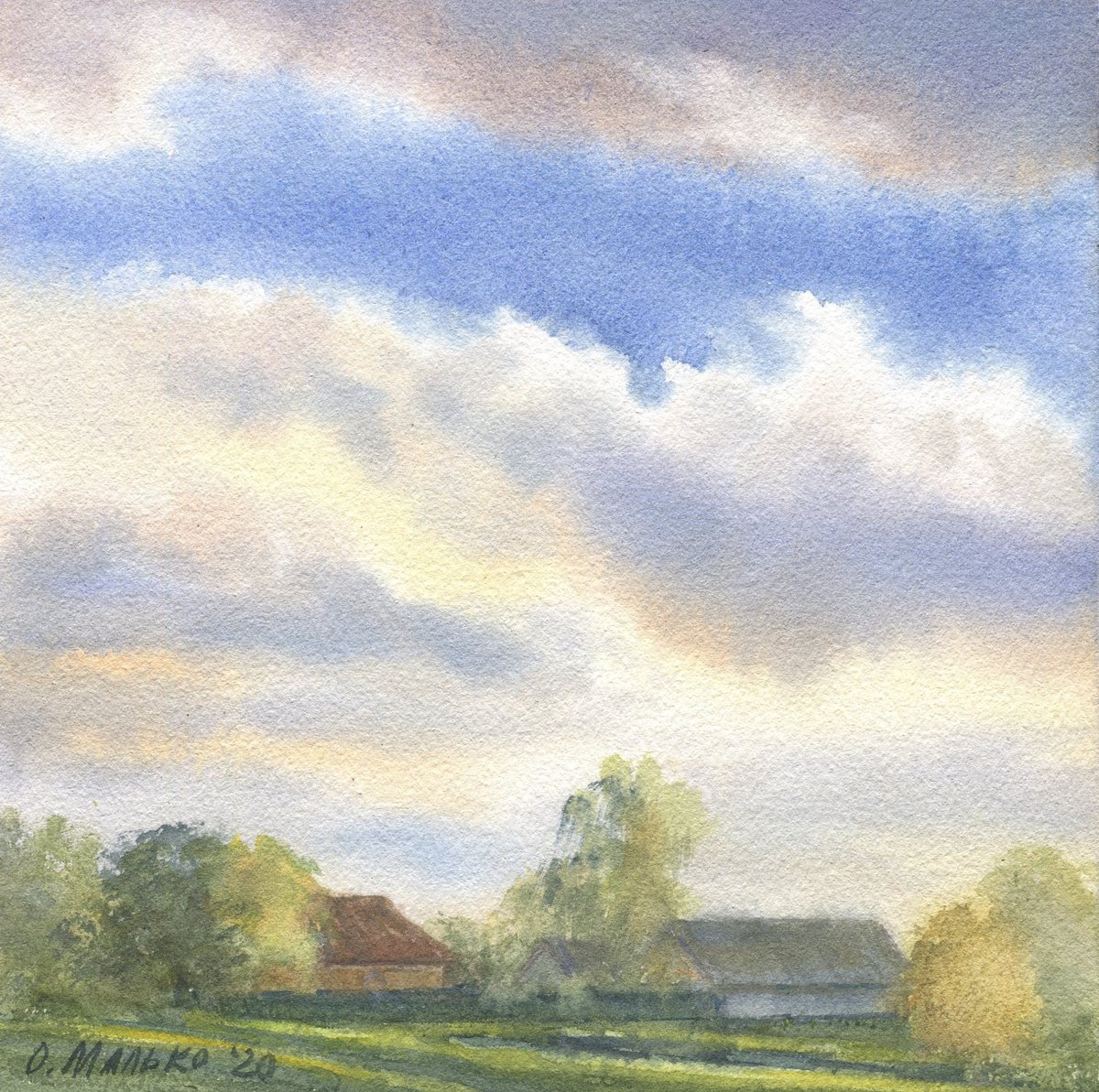 Sky 14. Floating clouds / Rural scene Original watercolor Summer picture by Olha Malko