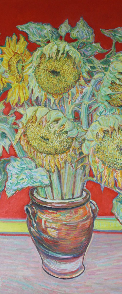 Vase of Sunflowers, red by Nigel Dickerson