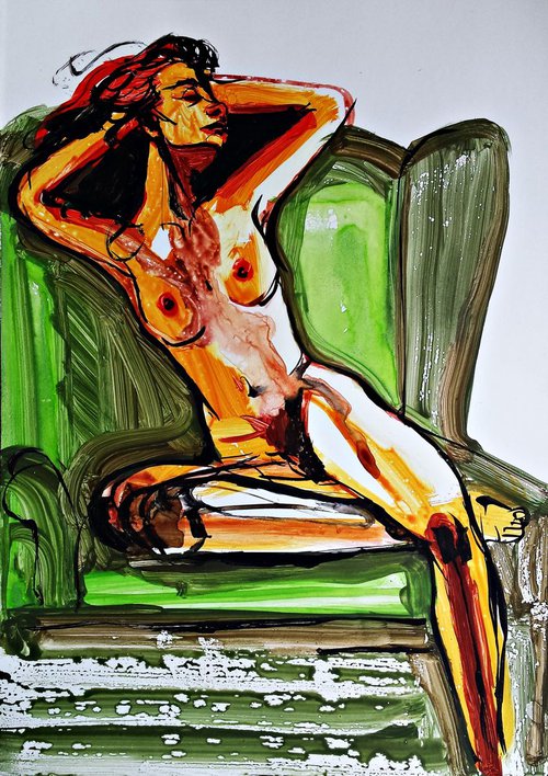 Nude in green chair by Nevena Kostić