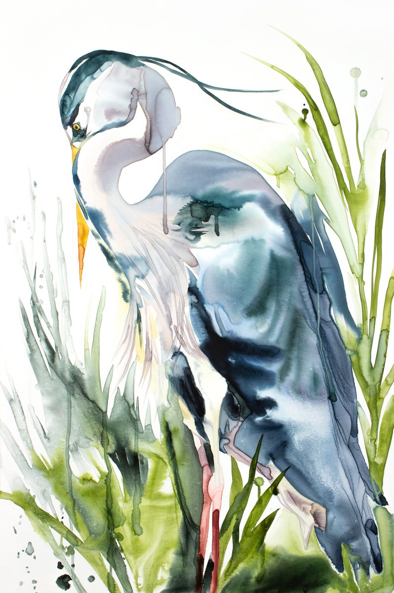 Expressive Animal Watercolour By Elizabeth Becker, 26 X 38, Heron No. 32, Original Artwork