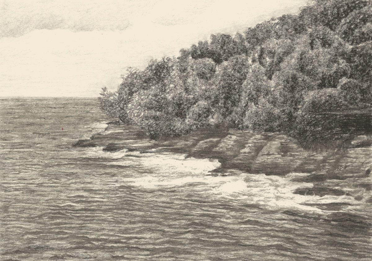 Photorealistic Landscape Charcoal Drawing By Nives Palmic, 11 X 8", A Sea Shore, Original Artwork