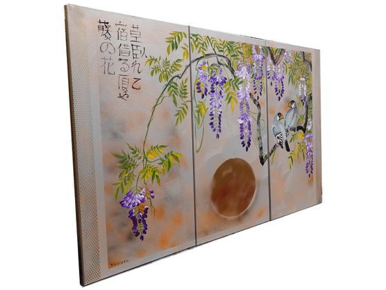 Japanese wisteria and love birds J303 - large orange silver triptych, original art, japanese style paintings by artist Ksavera