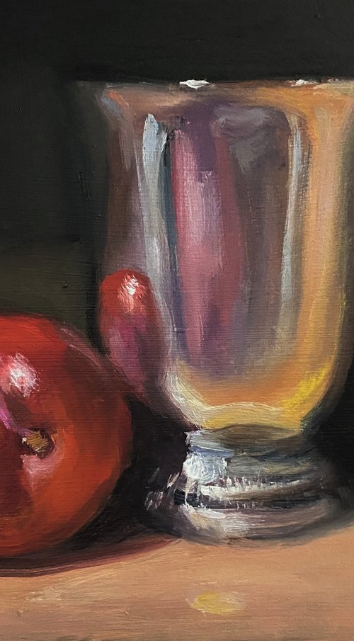 Original oil painting, Plum & Silver Goblet, classic still life. by Jackie Smith