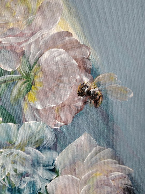 The Pionies bouquet with bees. Original.