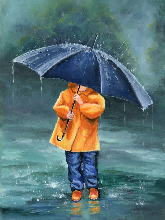 Child with umbrella on a rainy day