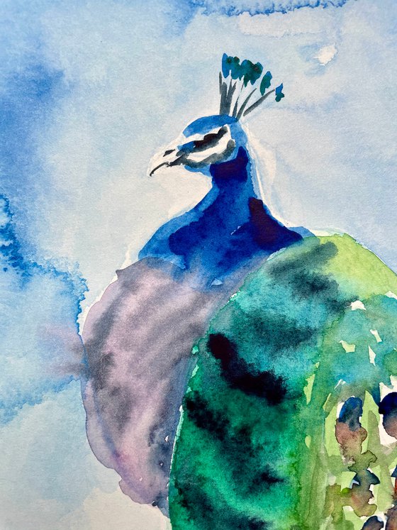 Peacock Watercolor Painting, Bird Original Artwork, Colorful Wall Art, Boho Home Decor