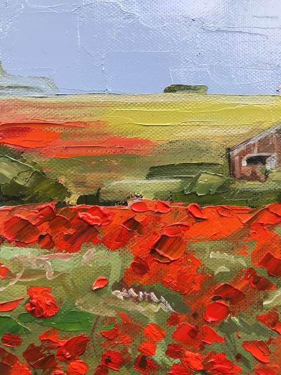 Poppy field landscape painting oil impasto art 25x25cm