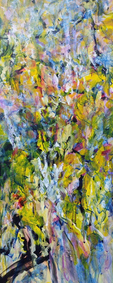 Abstract Acrylic Painting By Katia Solodka, 12 X 31", Golden Stillness 2, Original Artwork