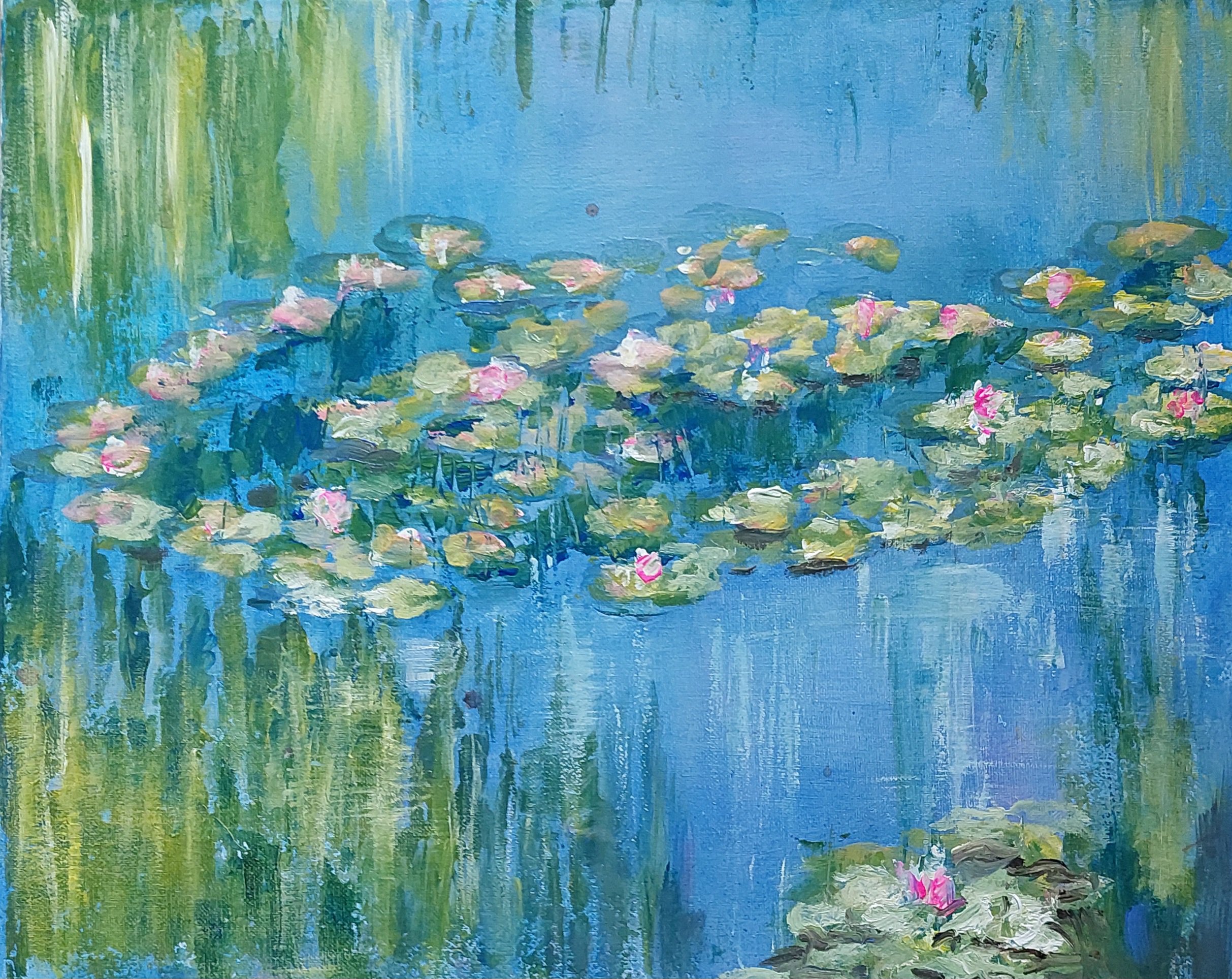 Impressionistic Botanical Acrylic Painting By Els Driesen, 16 X 20, Waterlelies Of Monet, Original Artwork