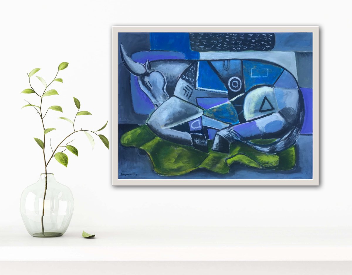 Geometric Animal Oil Painting By Roberto Munguia Garcia, 24 X 18", Sleeping Bull, Original Artwork