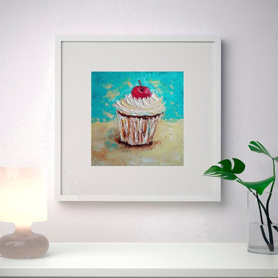 Cupcake Painting Original Art Dessert Artwork Impasto Small Food Wall Art 8 by 8