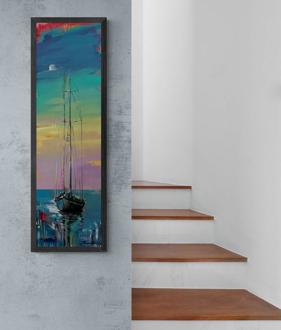 Big vertical painting - "Bright dawn" - delicate color - sunset - sailing boat - seascape