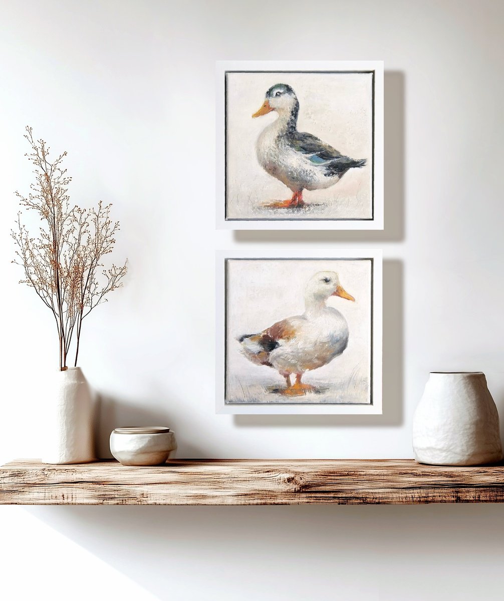 Impressionistic Animal Oil Painting By Alena Post, 18 X 9, Ducks, Framed Diptych, Original Artwork