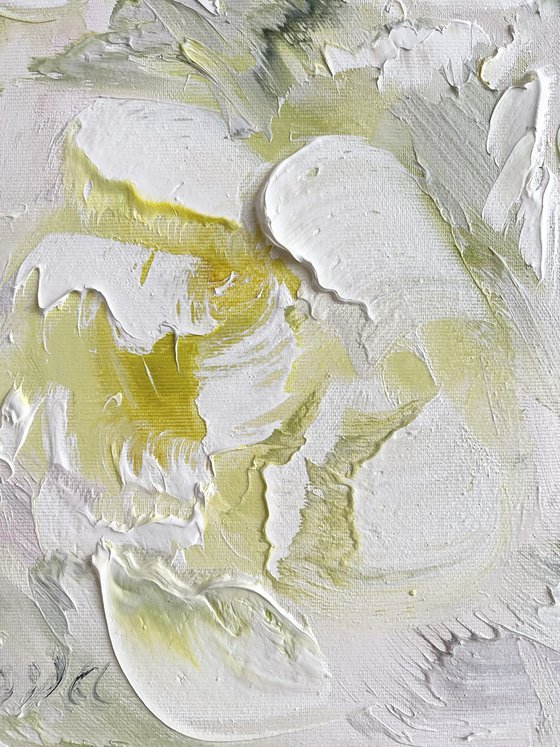 Yellow texture peony painting. White peonies art.