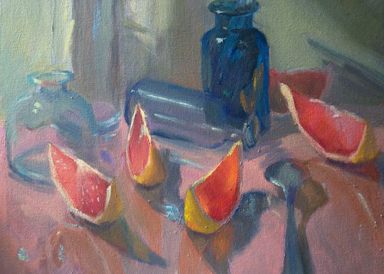 Grapefruit Reflections on Pink - Still Life Painting, One of a kind artwork, Home decor