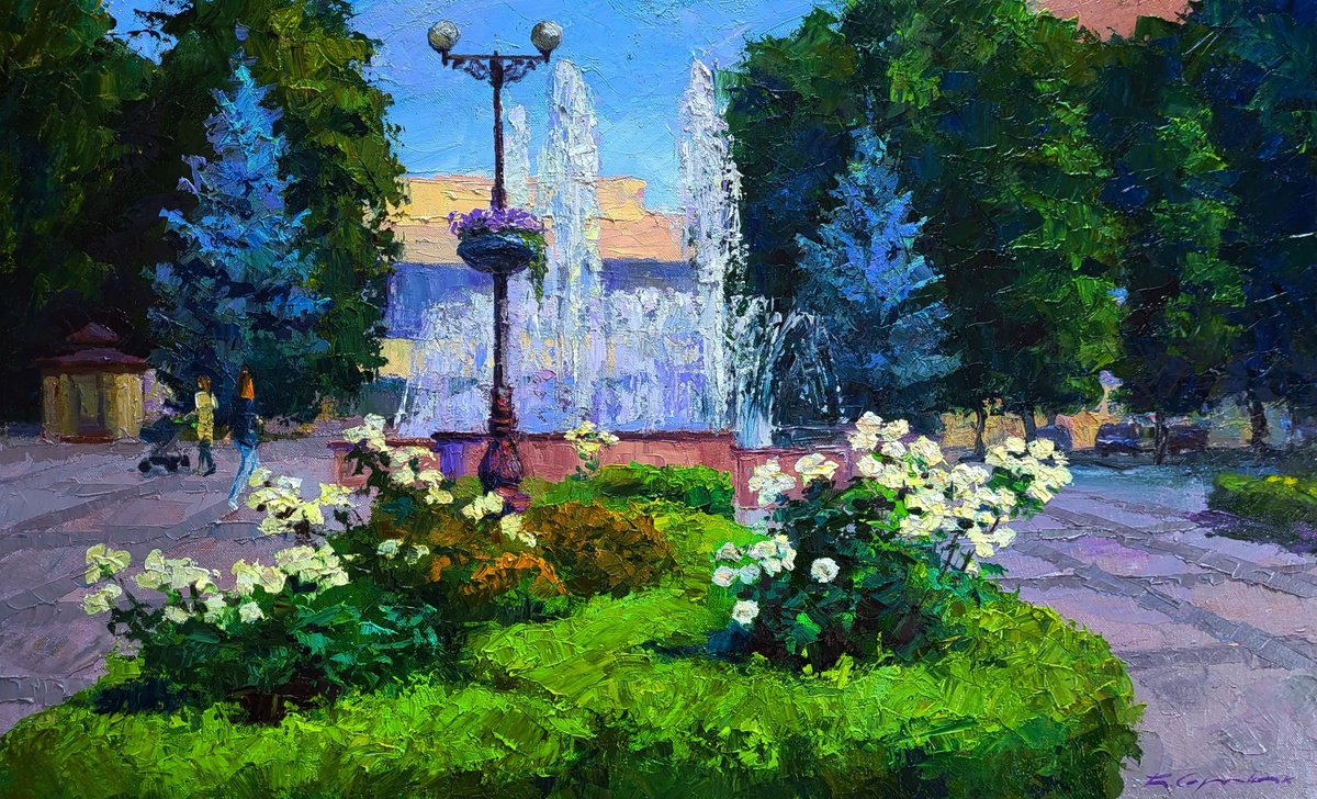 City Square With Fountains By Boris Serdyuk, 35 X 22, Artwork For Sale On Artfinder
