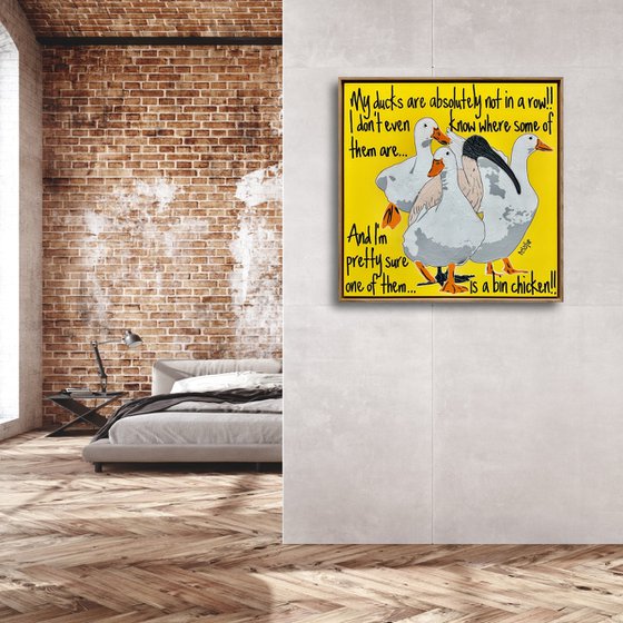 Ducks in a Row Yellow Bin Chicken Framed