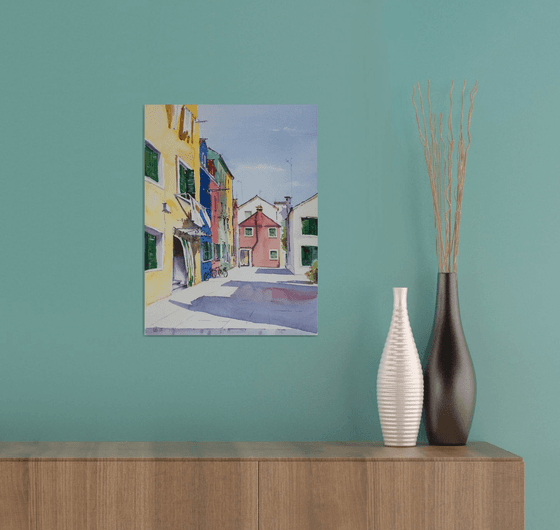 Burano island. Original watercolor. Small colorful venice italy light shadow warm urban landscape street scene bright impressionism realism travel romantic.