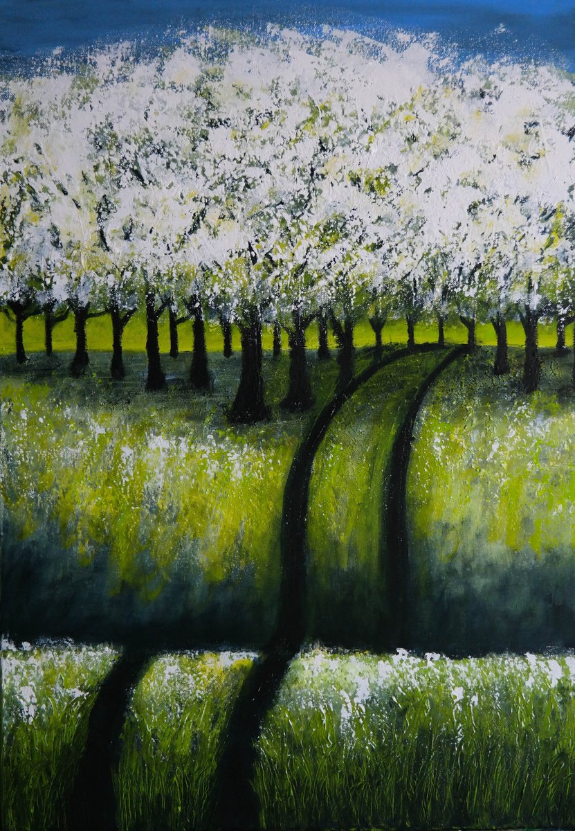 Impressionistic Landscape Acrylic Painting By Danijela Dan, 20 X 28, Cherry Trees, Original Artwork