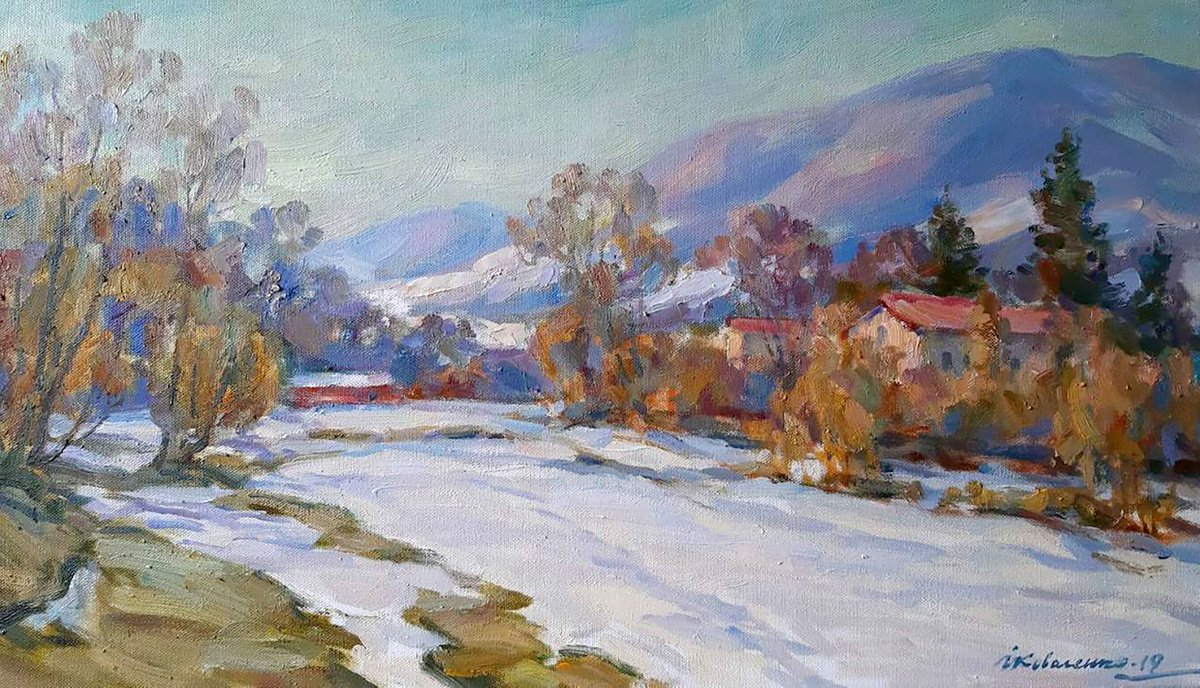Impressionistic Landscape Oil Painting By Ivan Kovalenko, 28 X 16, Life In The Mountains, Original Artwork