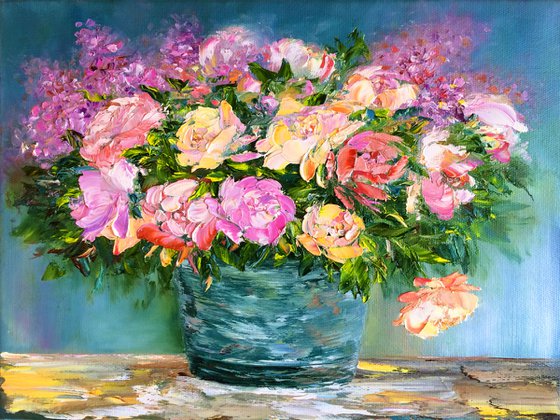 BOUQUET OF TENDERNESS - Lush peonies. garden roses. Lilac in a vase. Bouquet decor. Still life with peonies. Yellow flowers. Blue gamma.