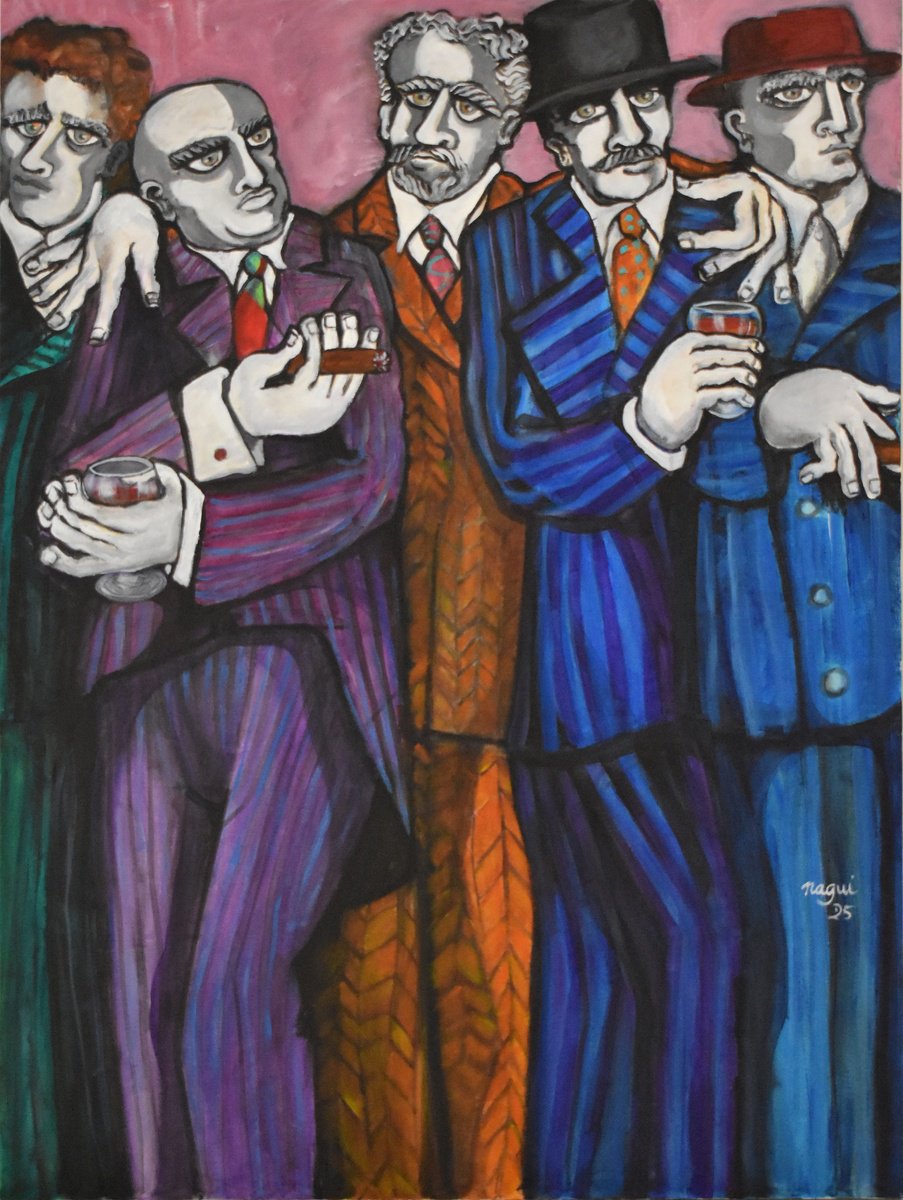 Expressive Portrait Acrylic Painting By Nagui, 30 X 40", The Committee, Original Artwork