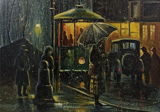 Night rain Oil painting, 40x30cm, impressionism, ready to hang