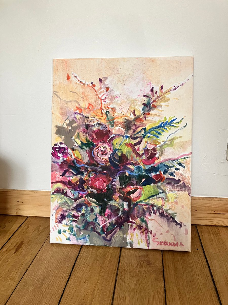 Expressive Botanical Oil Painting By Mari Skakun, 12 X 16", March Flowers, Original Artwork