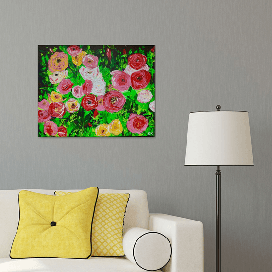 WHITE PINK YELLOW RED  ROSES IN A GARDEN palette knife modern still life  flowers office home decor gift