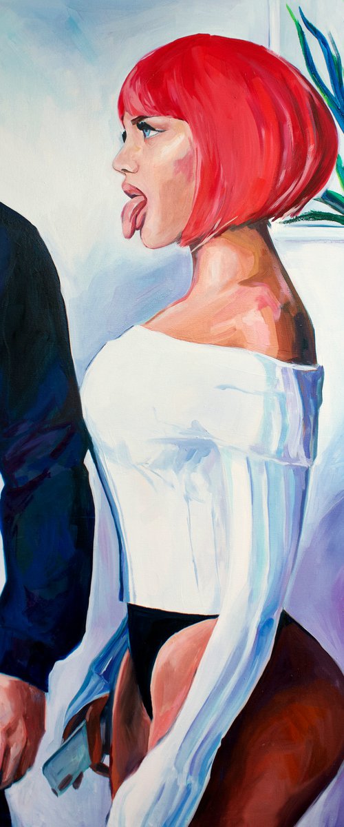 DRAMA - original oil painting, pink, white, pop art, office art, home decor, gift idea, hot girl, man, love, deep blue by Sasha Robinson