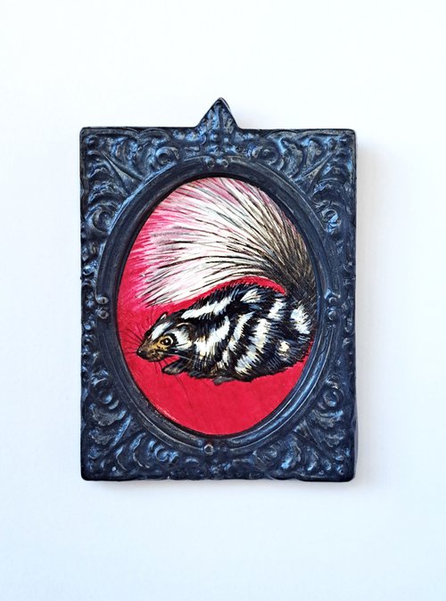 Spotted skunk, part of framed animal miniature series "festum animalium" by Andromachi Giannopoulou