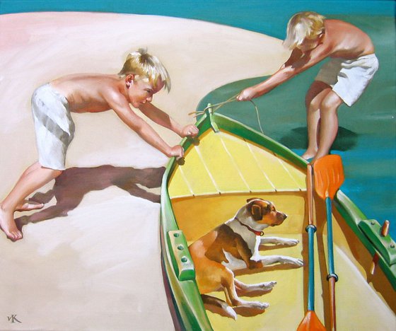 Two Boys With a Dog, and a Boat