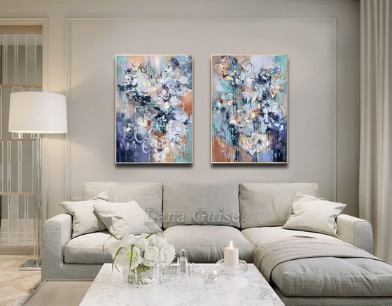 Paradise Vision - Flowers painting 48" x 36" Abstract Flower Art, Set of Two Paintings, Multi Panel Abstract, ORIGINAL Painting, Gold Leaf Painting, Black and Gold, Large Art