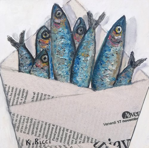 "A Bag of Anchovies" Original Oil on Wooden Board Painting of Small Fishes on Newspaper 6 by 6 inches (15x15 cm) by Katia Ricci