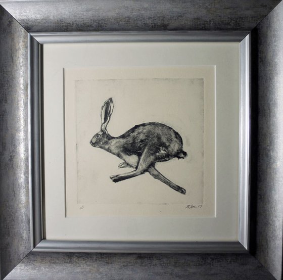 Running Hare Monoprint, Monotype Print, Framed and Ready to Hang