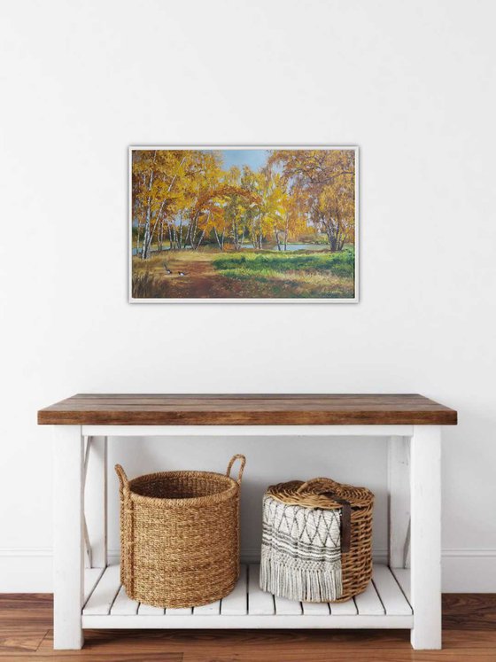 Golden autumn in a birch grove original oil painting