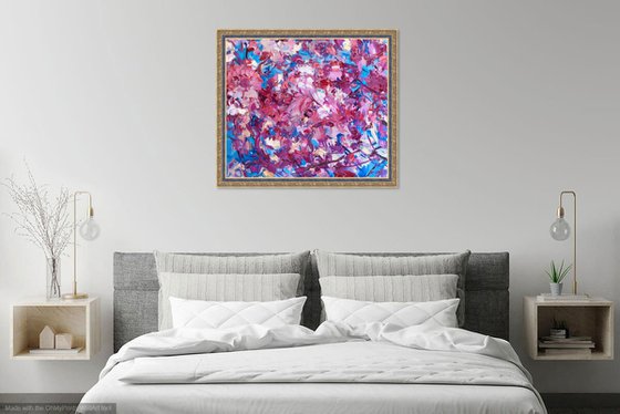 SAKURA BLOSSOM - abstract floral original oil on canvas painting, blue rose cherry-tree, Japan