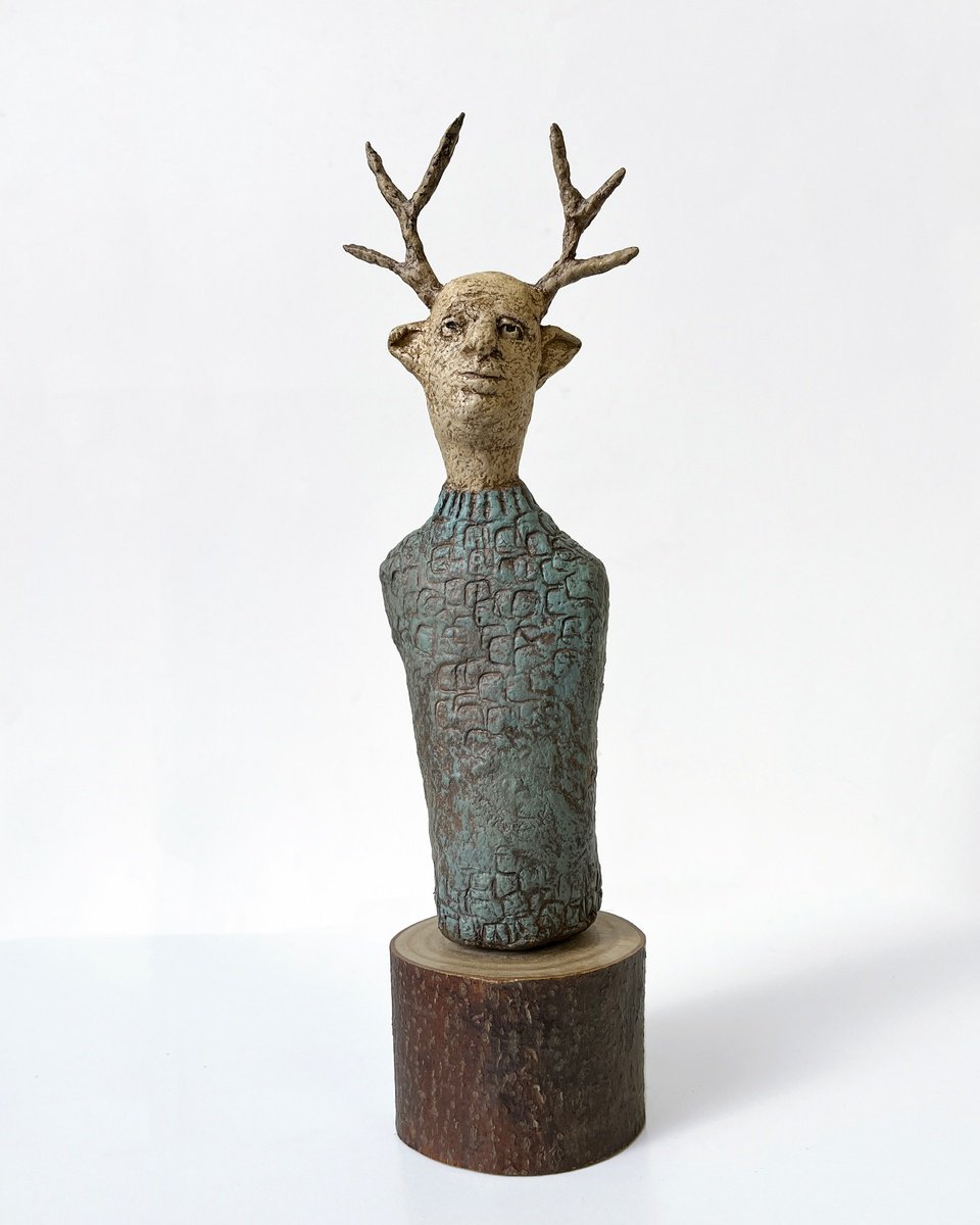 Expressive Portrait Sculpture By Sol Vil, 4 X 12", Deer Boy, Original Artwork